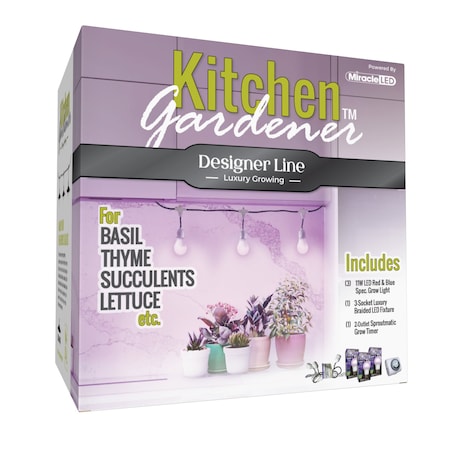 Miracle Led 3-Socket Designer Kitchen Gardener Grow Light Kit- Red & Blue Spec. 11W Replace 150W Grow Bulbs 801846